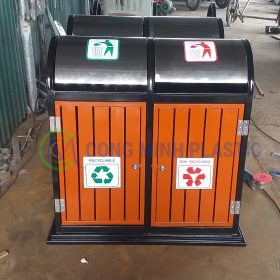 Thùng Rác Thép Giả Gỗ 2 Ngăn
