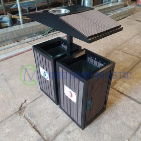 Thùng Rác Thép Giả Gỗ 2 Ngăn Ngoài Trời