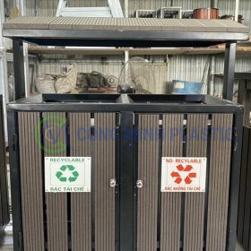 Thùng Rác Thép Giả Gỗ 2 Ngăn Ngoài Trời