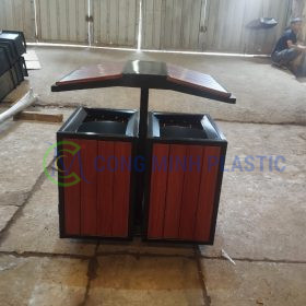 Thùng Rác Thép Giả Gỗ 2 Ngăn Ngoài Trời