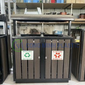Thùng Rác Thép Giả Gỗ 2 Ngăn Ngoài Trời