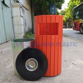 Thùng Rác Thép Giả Gỗ Tròn CM01